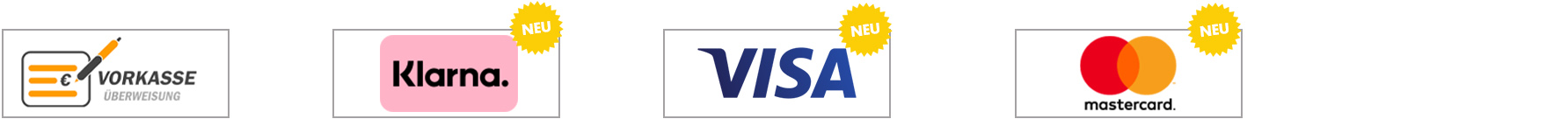 Übersicht aller Zahlungsarten: Vorkasse Rechnung, Sofort Überweisung mit Klarna, Kreditkartenzahlung via Visa und Mastercard 